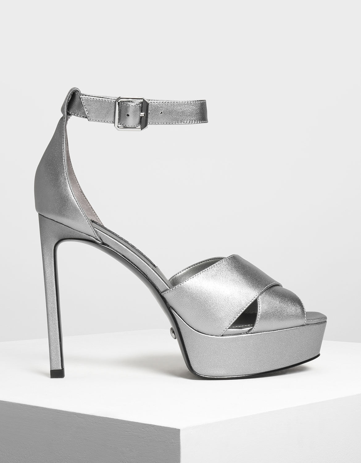 Pewter Satin Platform Heeled Sandals 