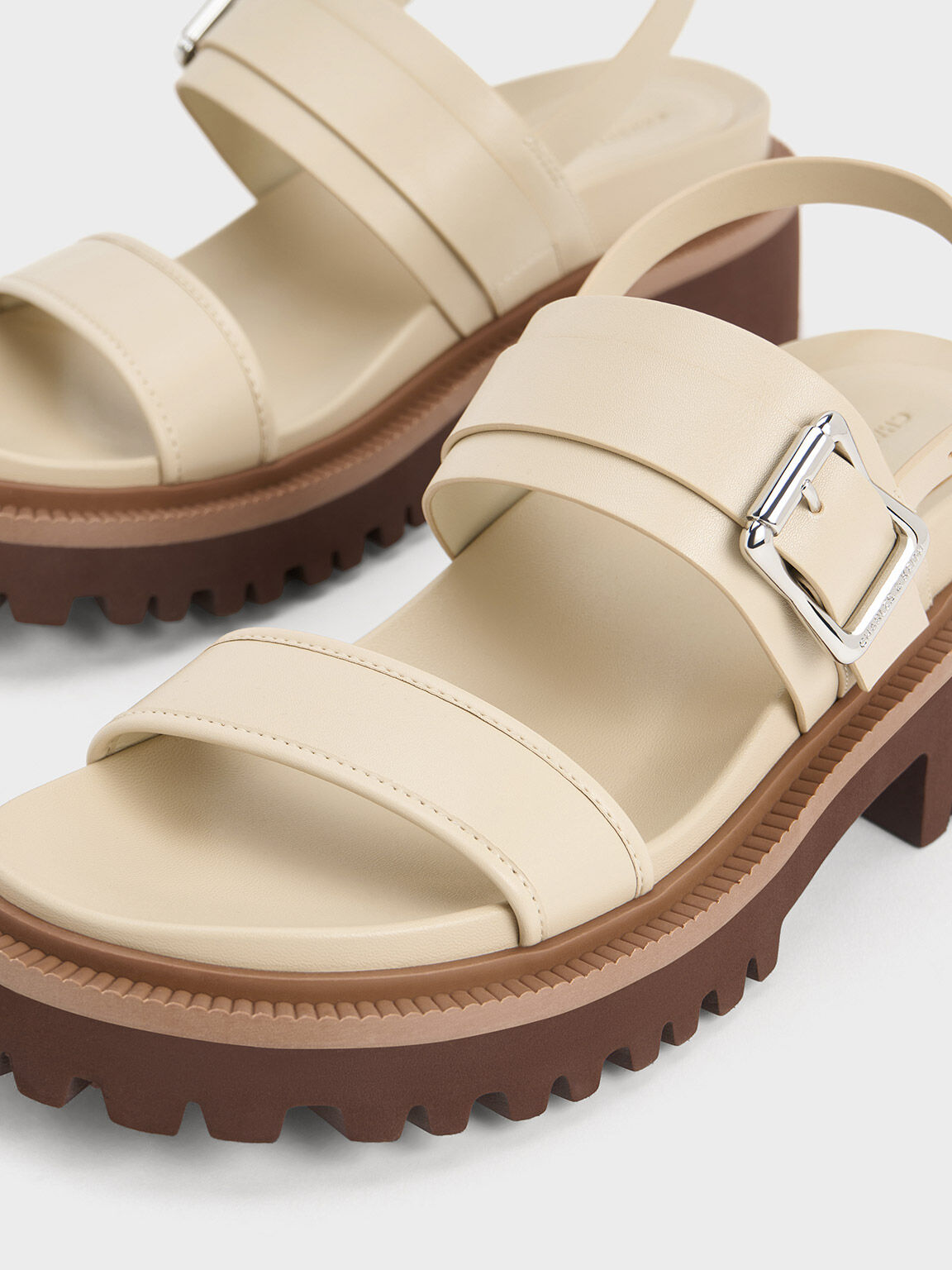 Buckled Platform Slingback Sandals, Taupe, hi-res