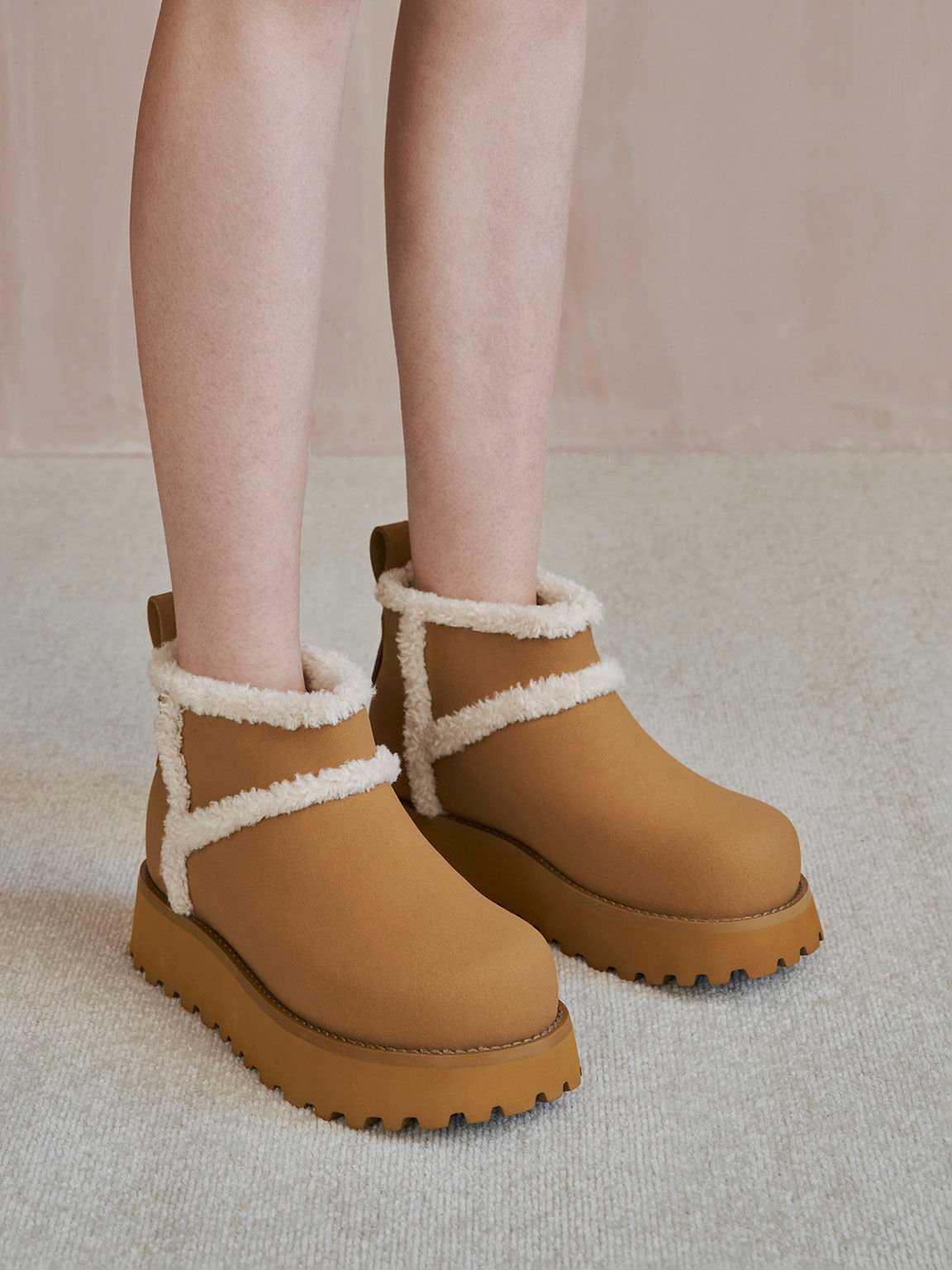 Textured Fur-Trim Flatform Ankle Boots, Khaki, hi-res