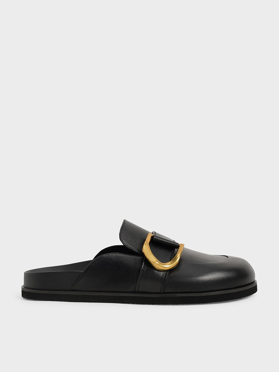 Black Gabine Buckled Leather Loafer Mules - CHARLES & KEITH US