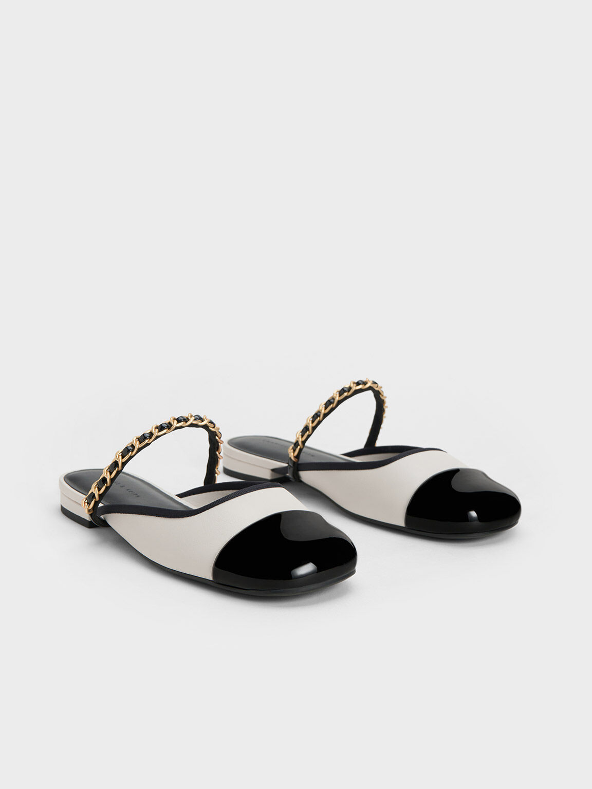 Patent Two-Tone Chain-Strap Mules - White