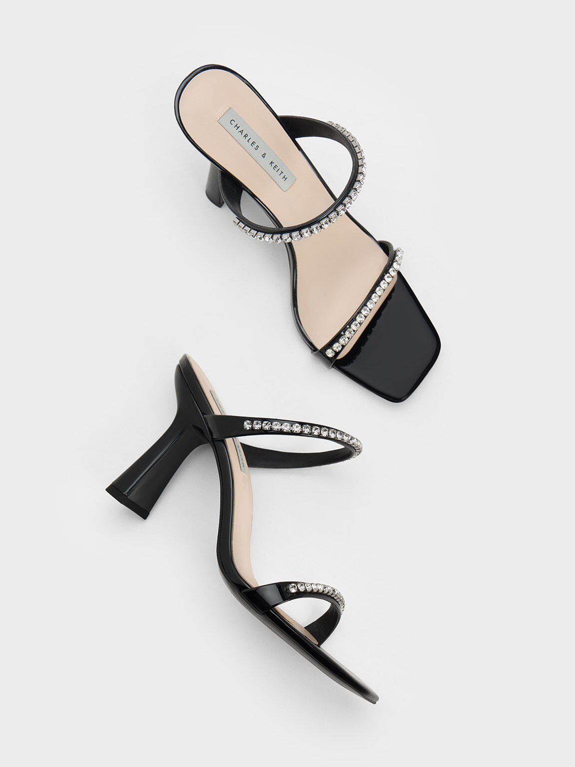 Patent Gem-Encrusted Heeled Sandals - Black Patent