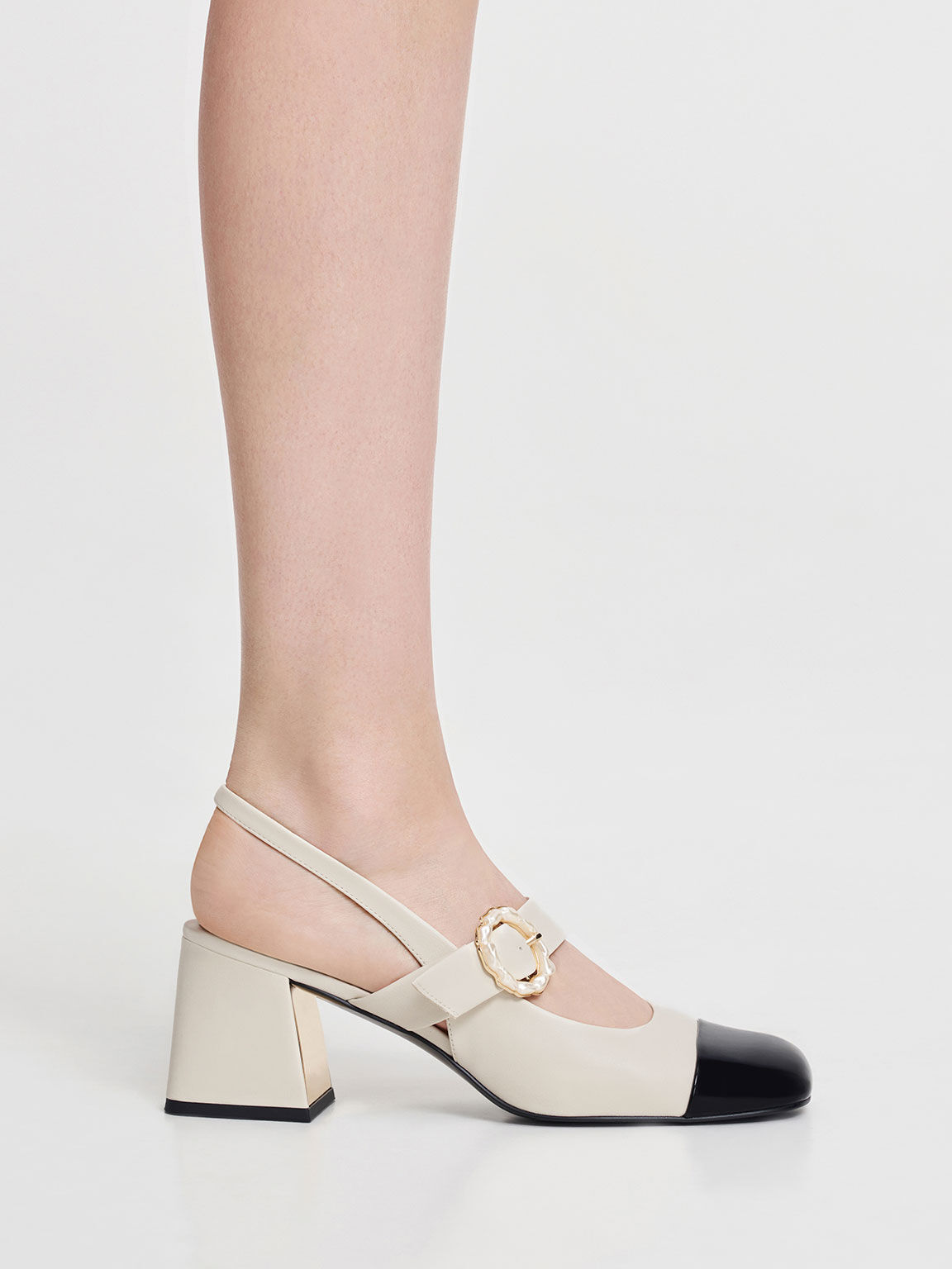 Patent Two-Tone Pearl Buckle Slingback Pumps - Multi