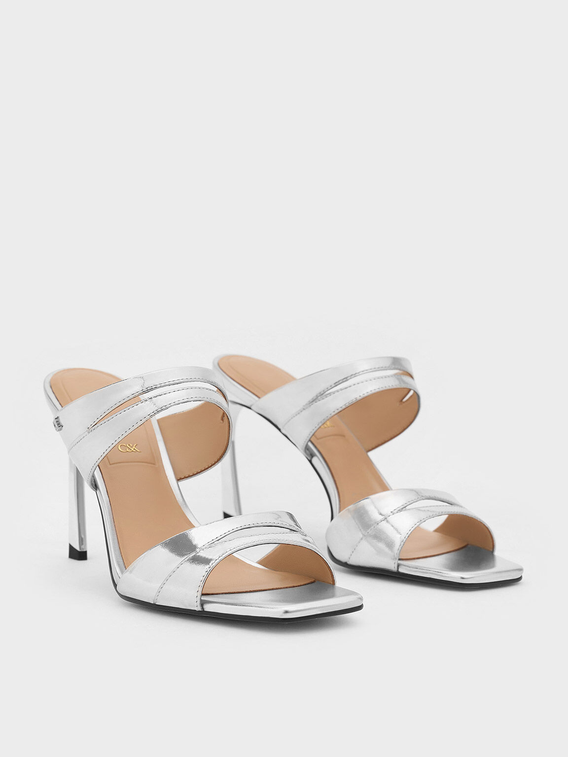 Metallic Leather Double-Strap Heeled Mules, Silver, hi-res