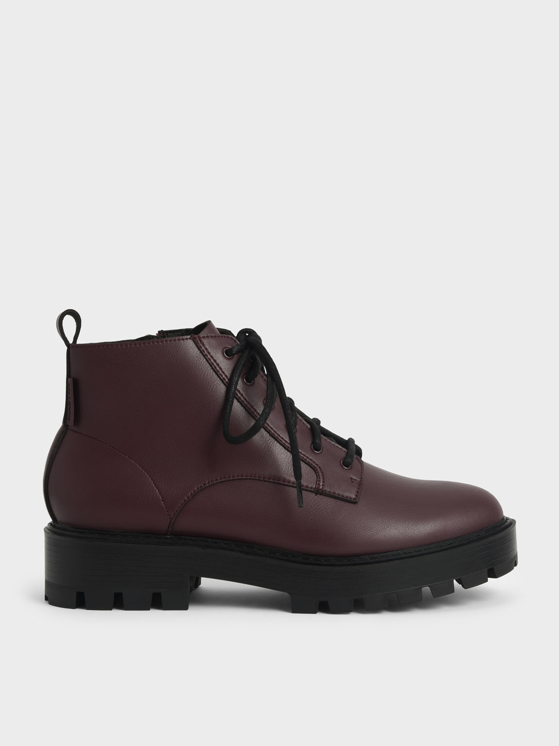 Burgundy Lace-Up Chunky Ankle Boots - CHARLES & KEITH SG