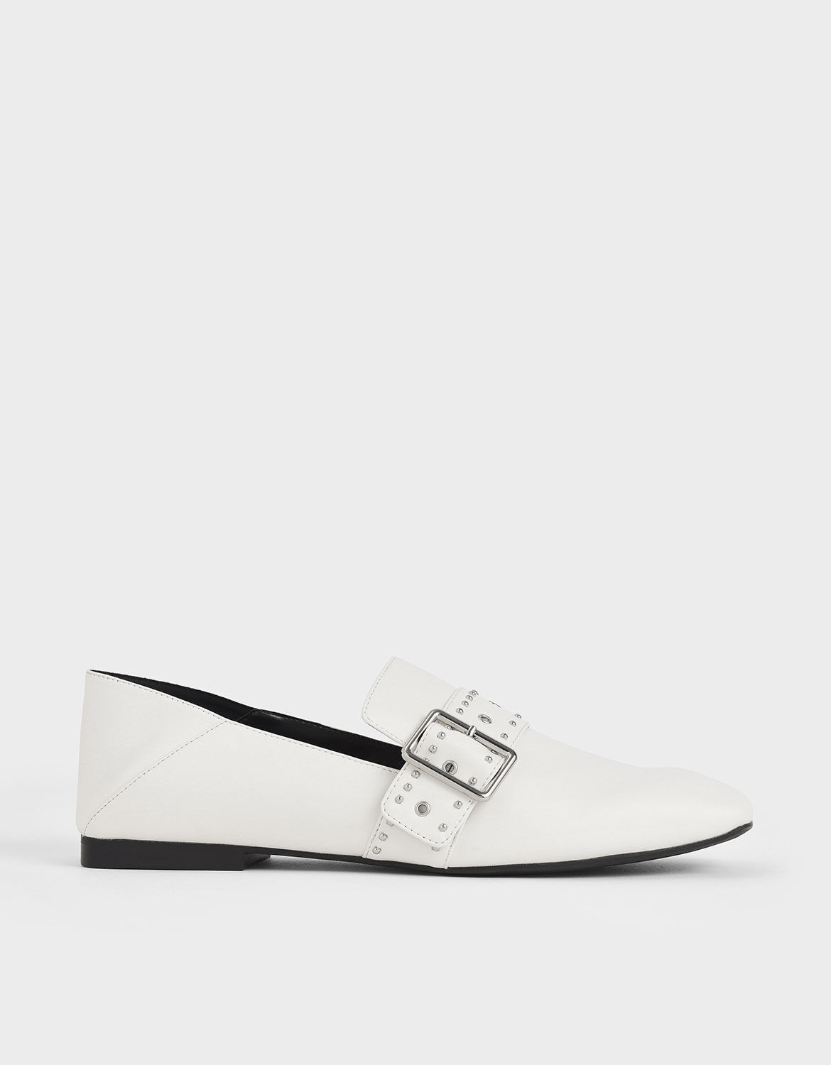 White Grommet Buckle Step-Back Loafers 