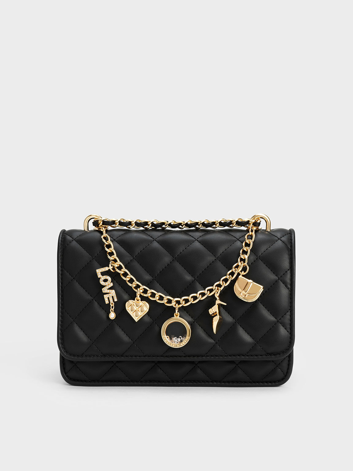 Charm-Embellished Quilted Clutch, Black, hi-res