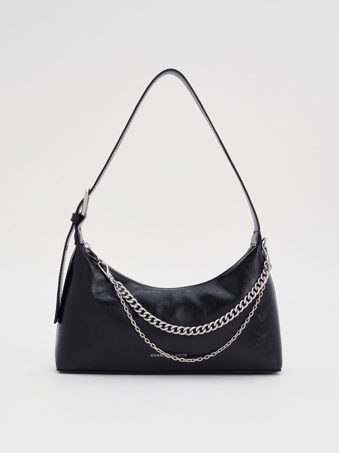 Atwood Crinkle-Effect Chain-Embellished Hobo Bag, Noir, hi-res