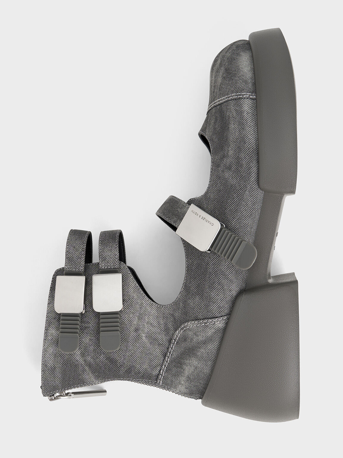 Robbie Denim-Effect Ankle-Strap Mary Jane Boots, Dark Grey, hi-res