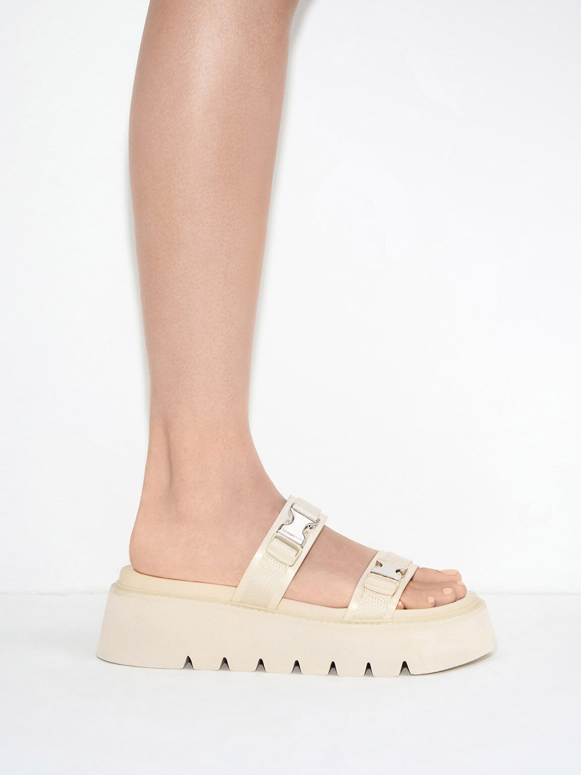 Laine Metallic-Buckle Flatform Sandals, Beige, hi-res