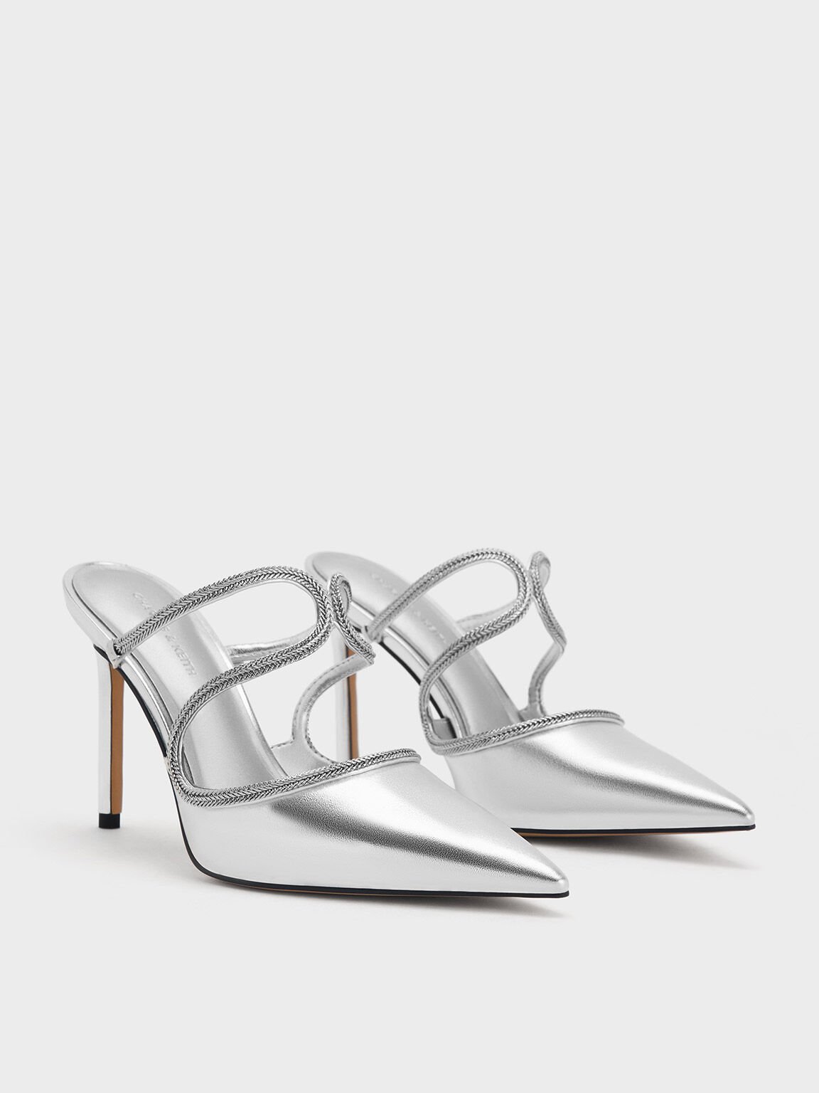 Metallic Braided-Strap Stiletto-Heel Mules, Silver, hi-res