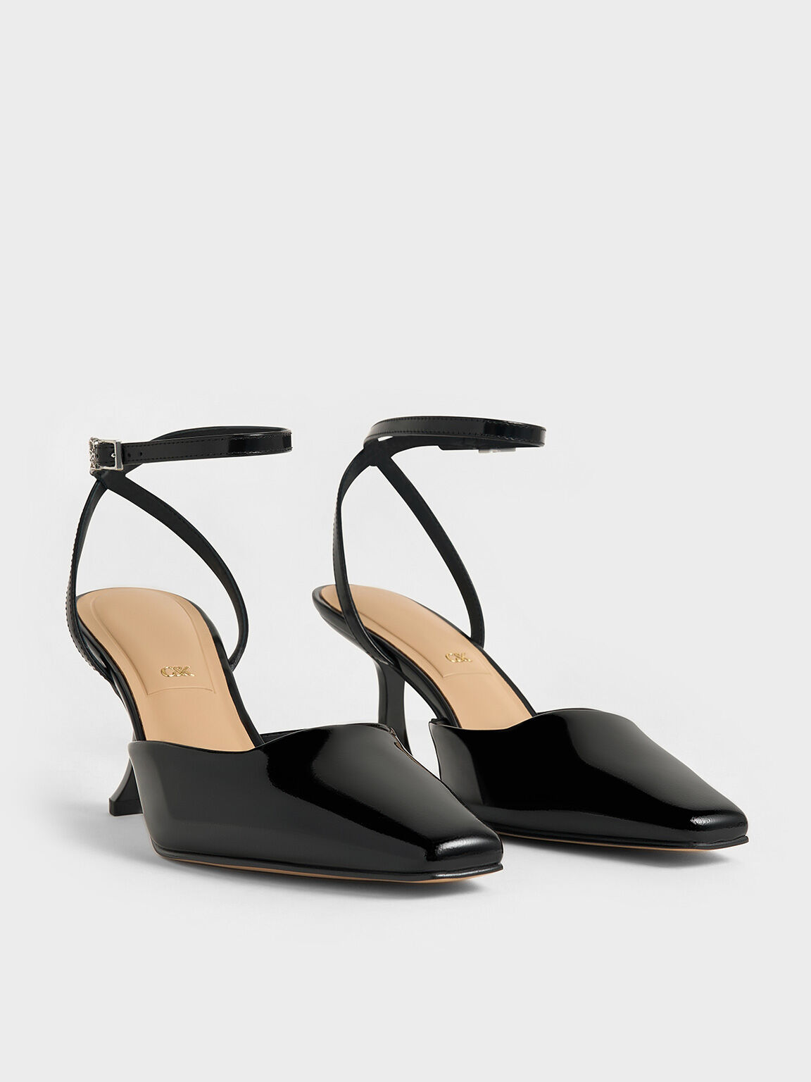 Leather Sculptural-Heel Ankle-Strap Pumps, Black Patent, hi-res