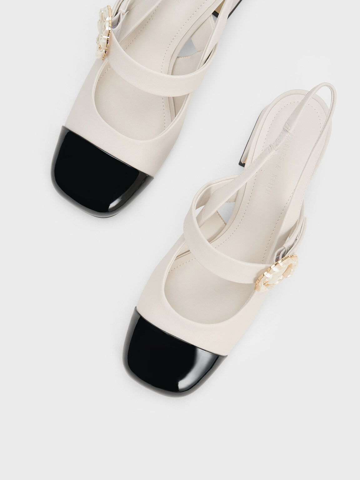 Multicoloured Patent Two-Tone Pearl Buckle Slingback Pumps 