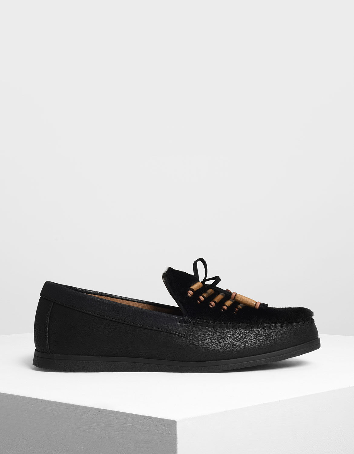 Black Furry Moccasins | CHARLES \u0026 KEITH US