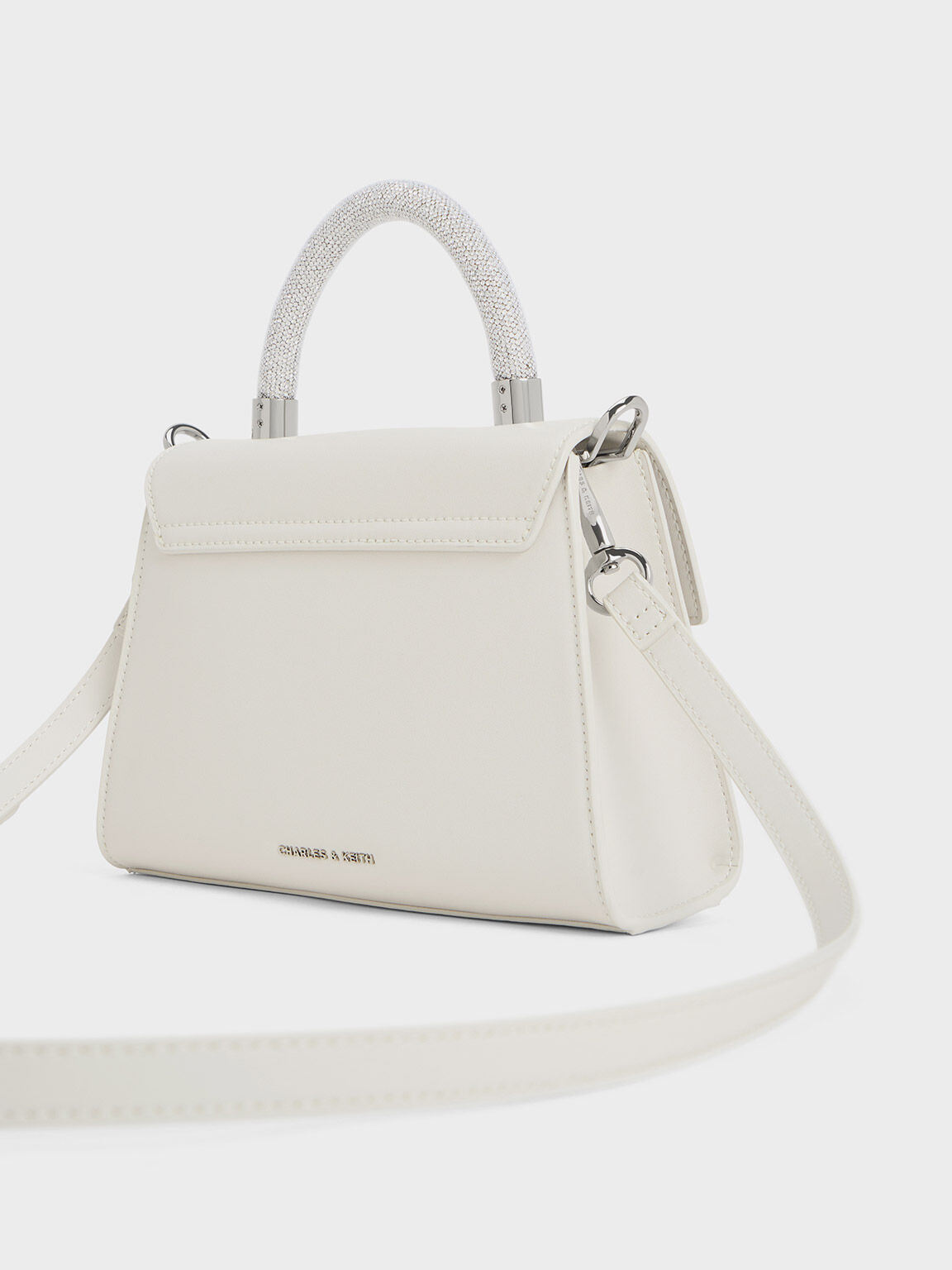 White Trapeze Crystal-Embellished Top Handle Bag - CHARLES & KEITH 