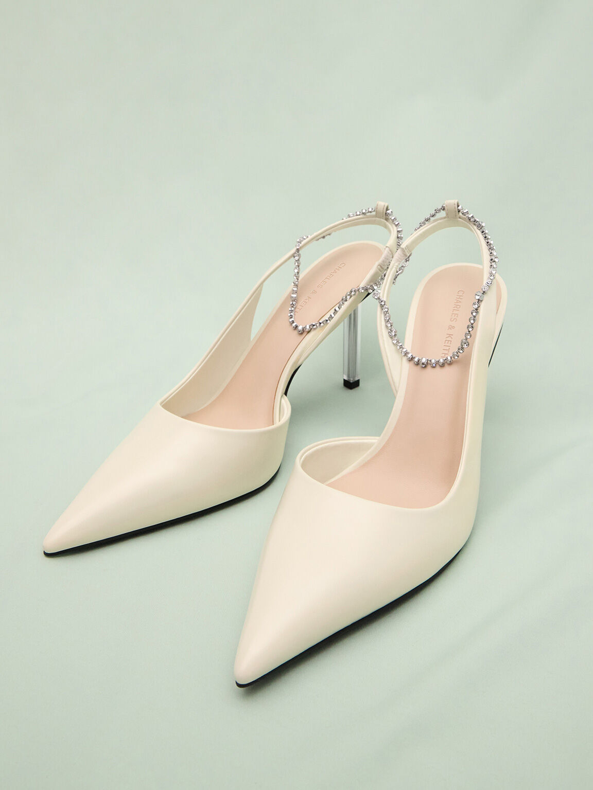 Crystal-Chain Ankle-Strap D'Orsay Pumps, Cream, hi-res