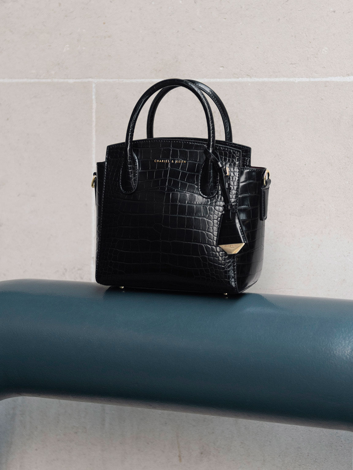 Harper Croc-Effect Structured Top Handle Bag - Black