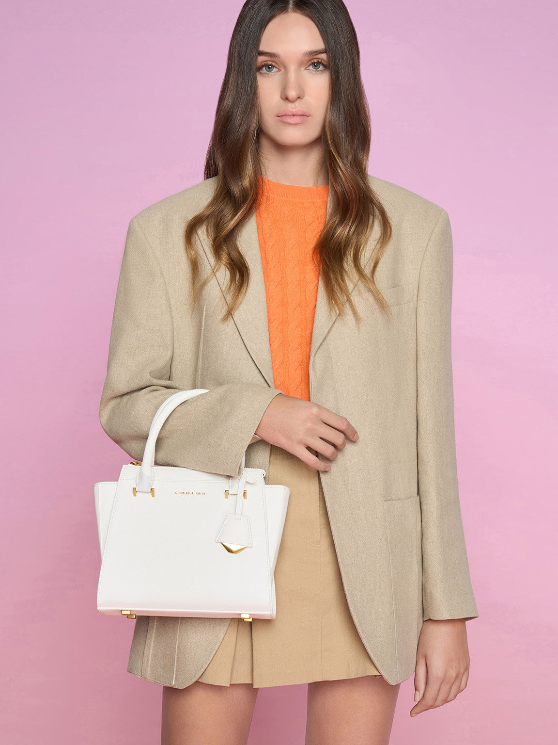 White Harper Structured Top Handle Bag - CHARLES & KEITH US
