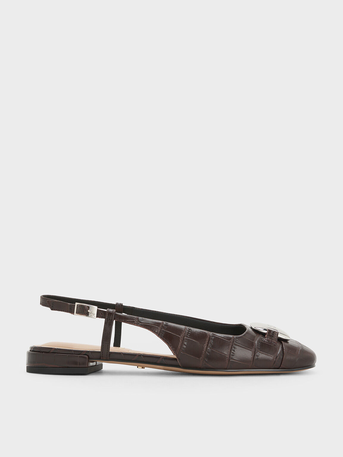 Croc-Effect Leather Metallic-Accent Slingback Flats, Dark Brown, hi-res