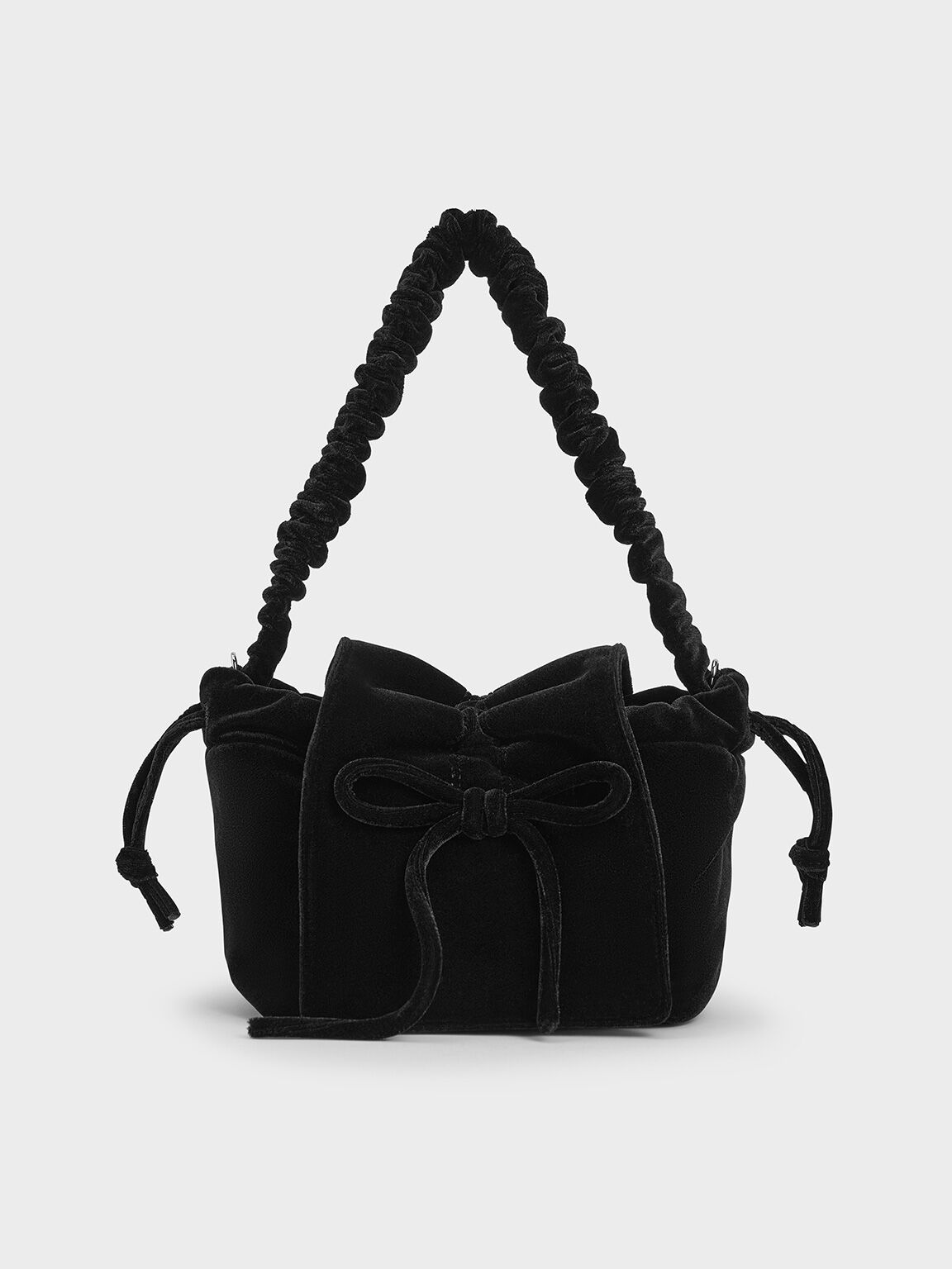 Velvet Bow Ruched Top Handle Bag, Black, hi-res