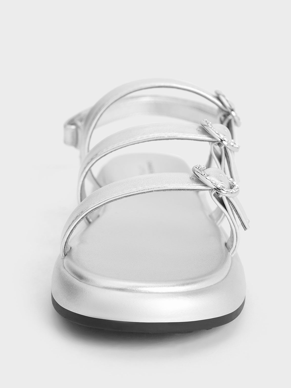 Girls' Metallic Heart-Embellished Strappy Sandals, Silver, hi-res