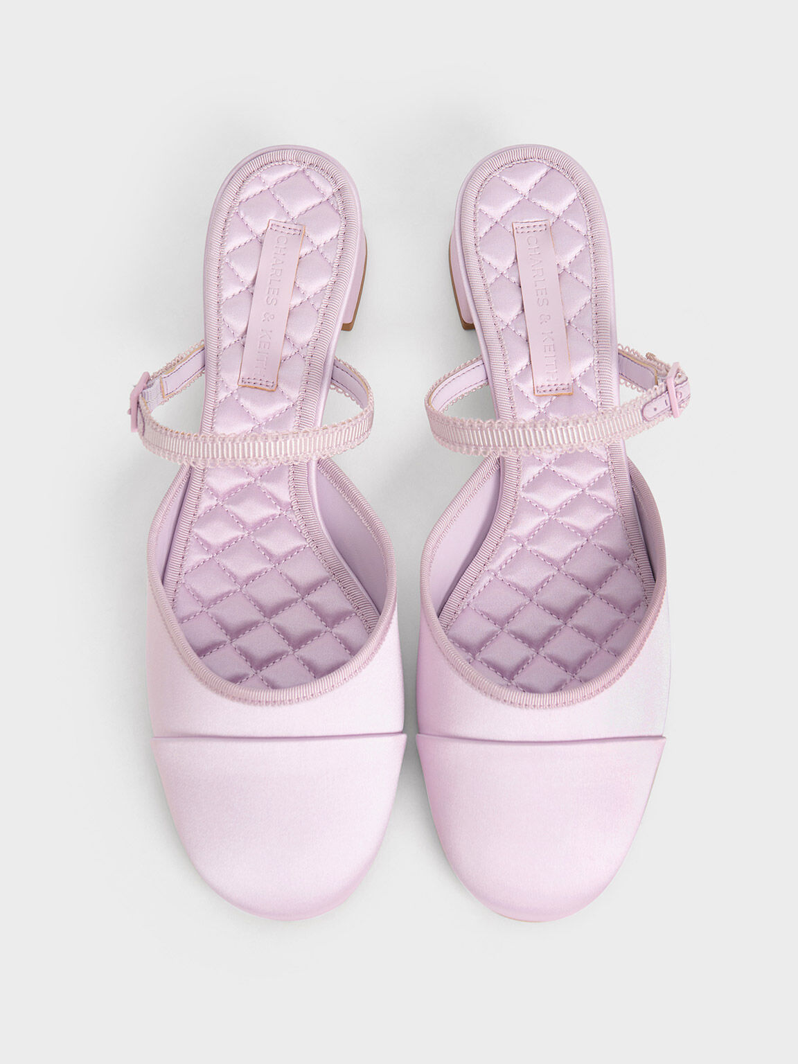 Satin Buckled-Strap Trapeze-Heel Mules, Lilac, hi-res