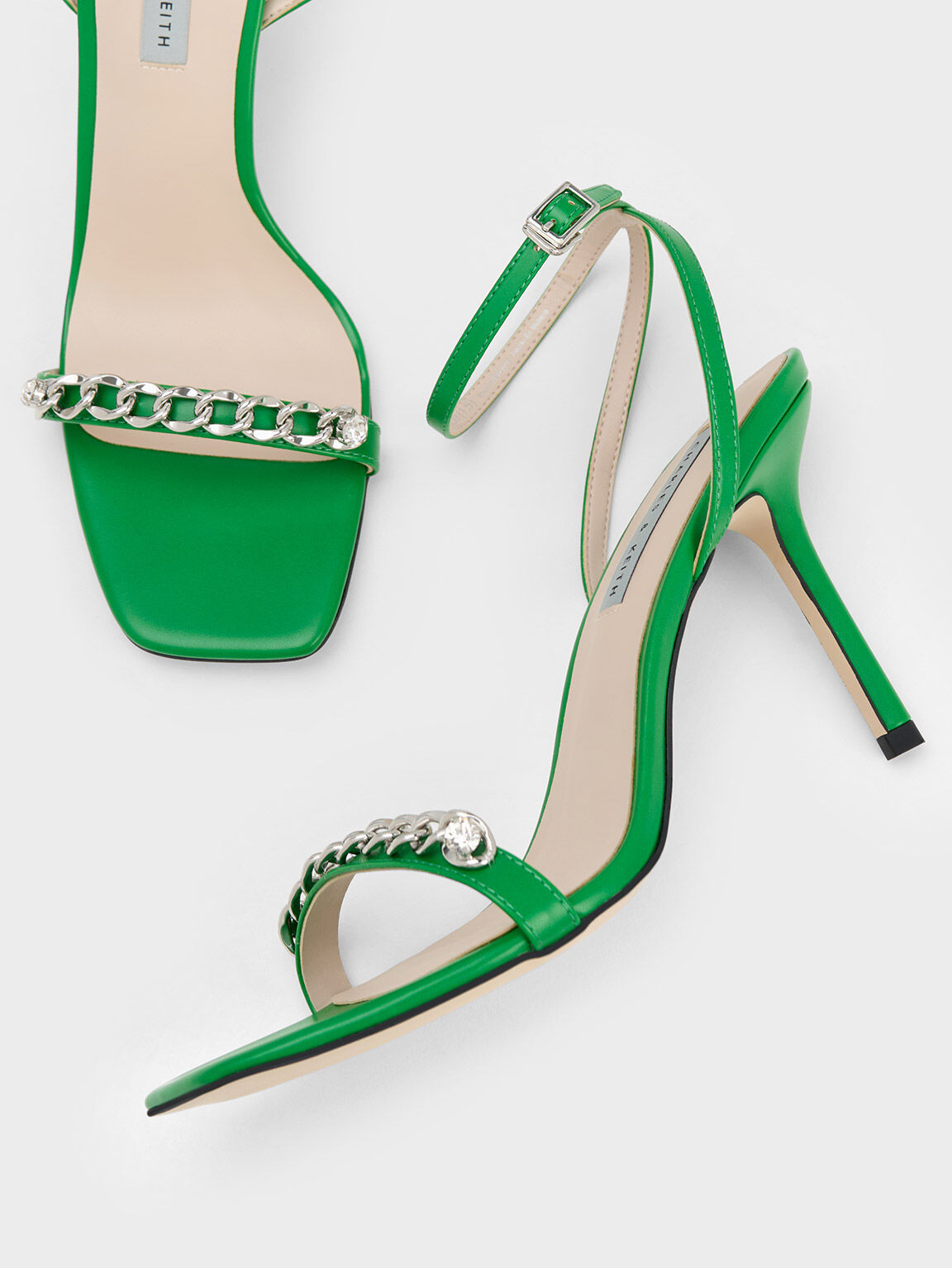 Chain-Embellished Ankle Strap Sandals - Green