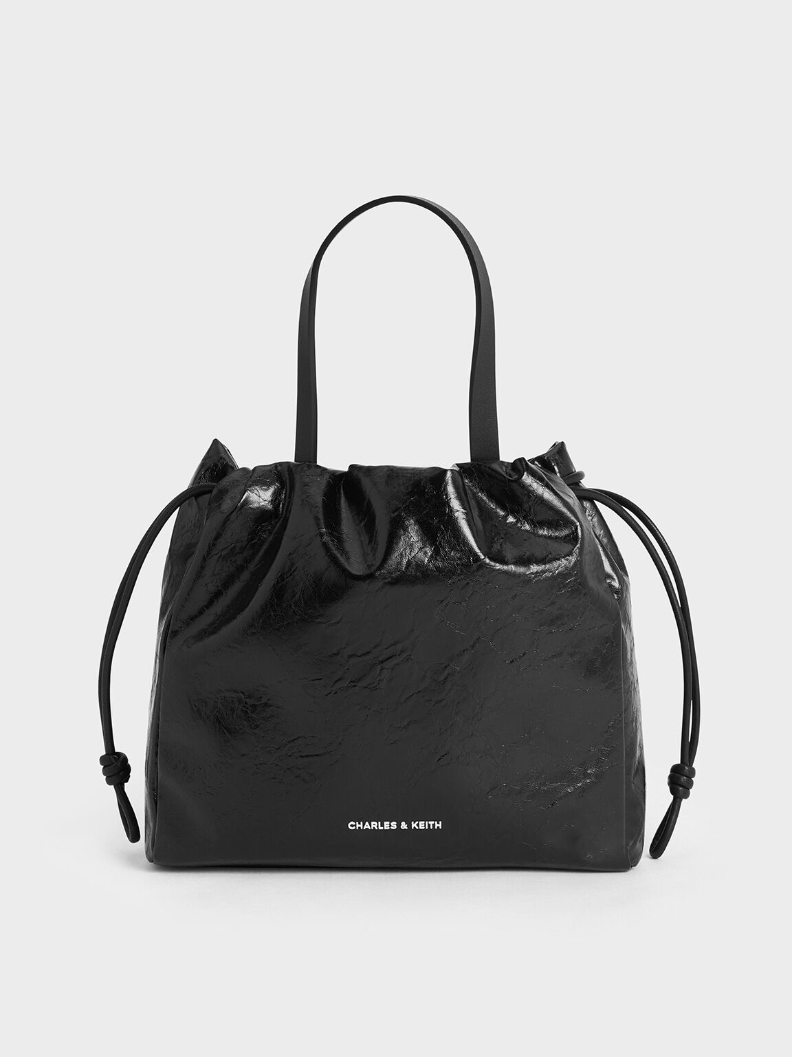 Mini Bethel Crinkle-Effect Ruched Drawstring Tote Bag, Black, hi-res