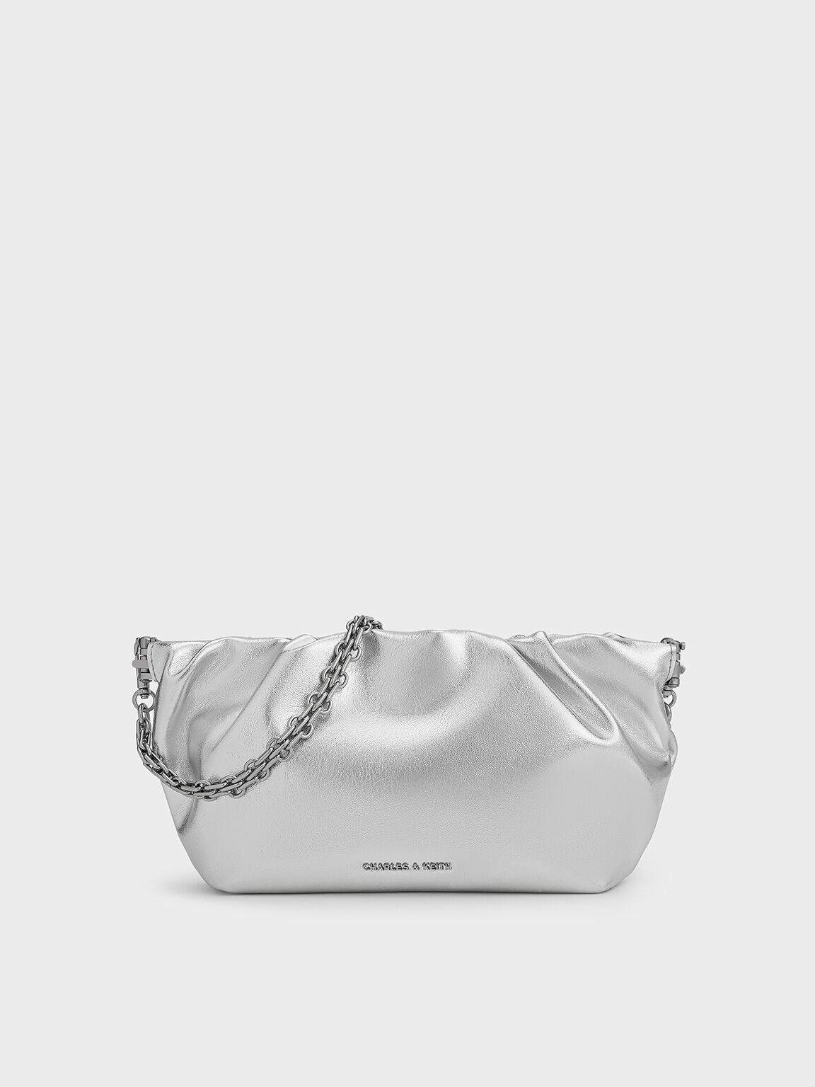 Brigette Metallic Ruched Chain-Handle Clutch, Silver, hi-res