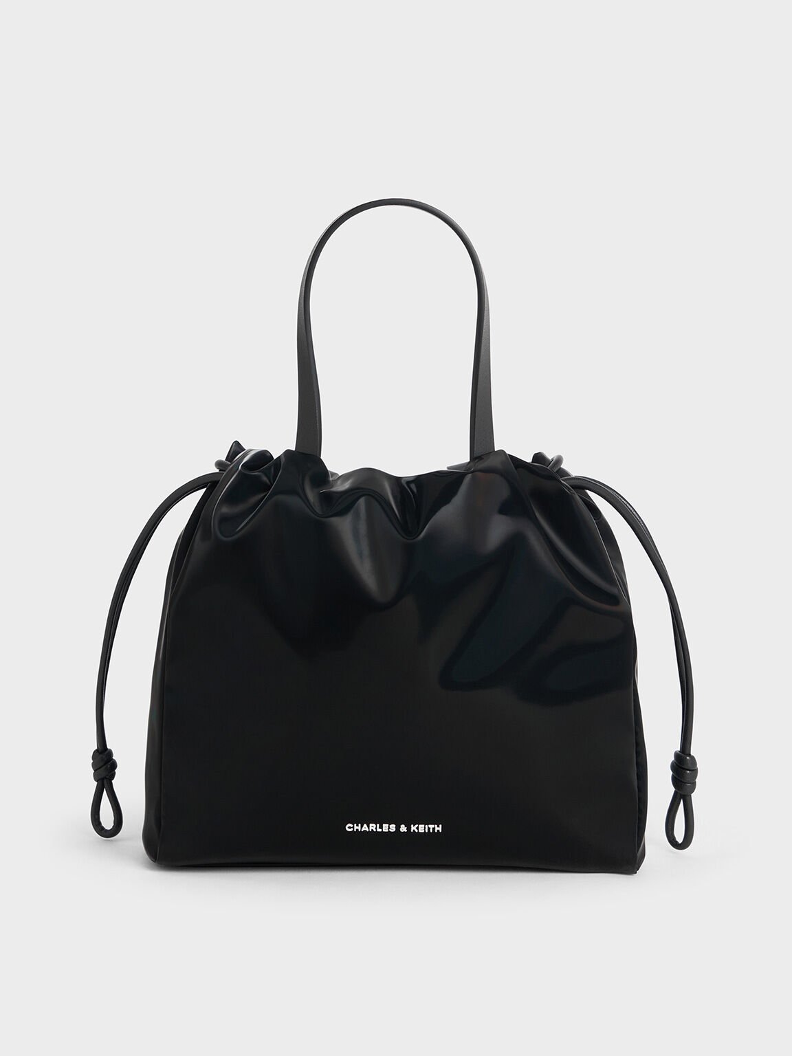 Mini Bethel Shiny Ruched Drawstring Tote Bag, Jet Black, hi-res