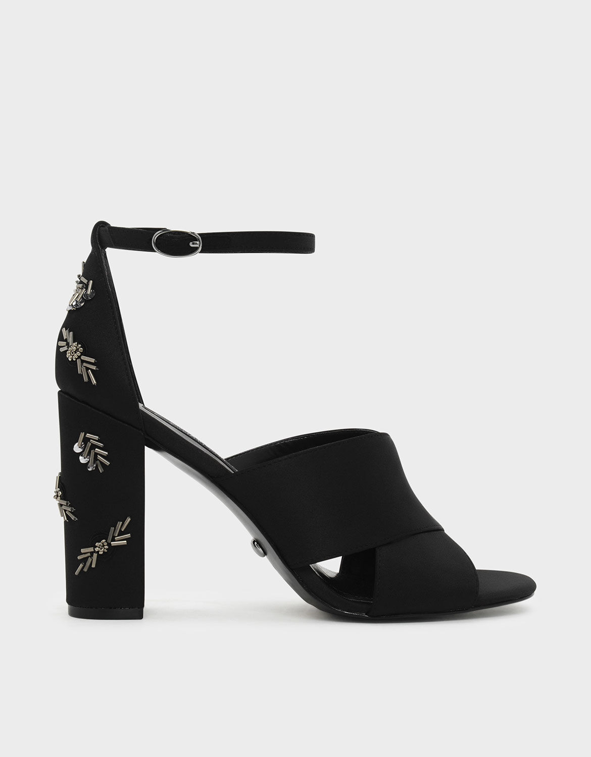 Black Embellished Block Heel Satin 