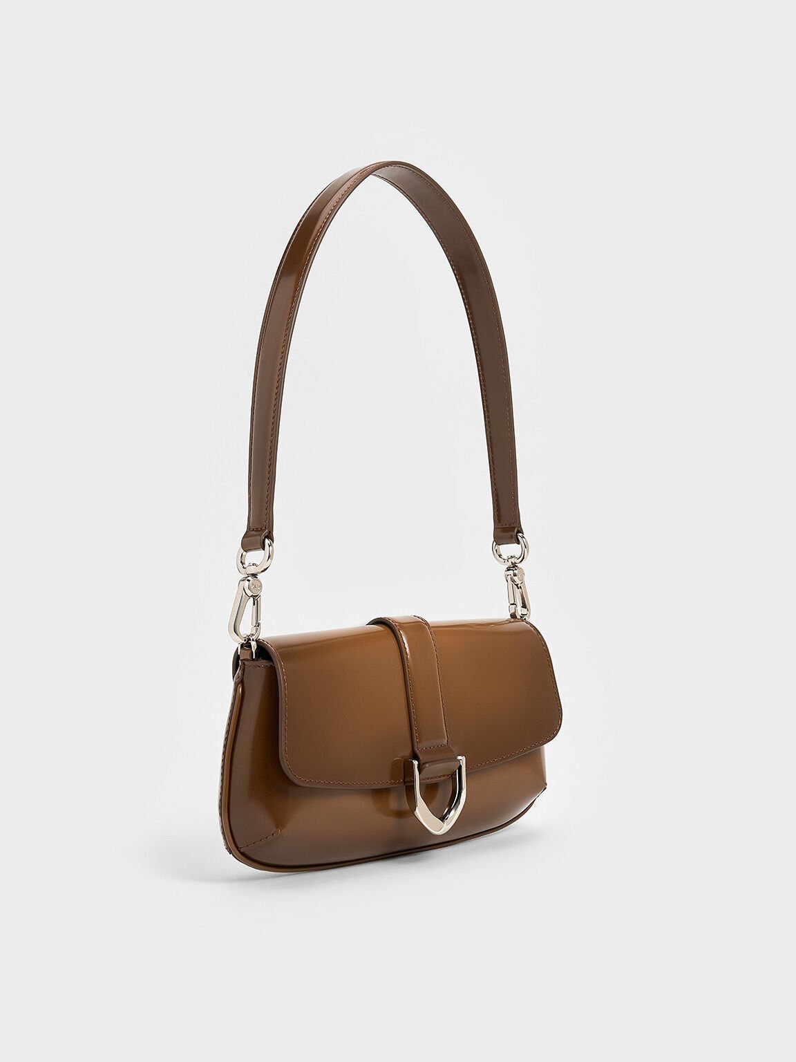 Gabine Leather Elongated Shoulder Bag, Brown, hi-res