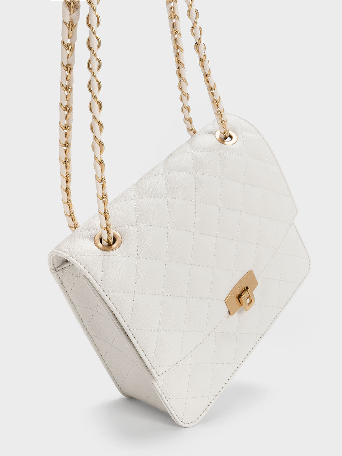 Quilted Chain Strap Bag, White, hi-res