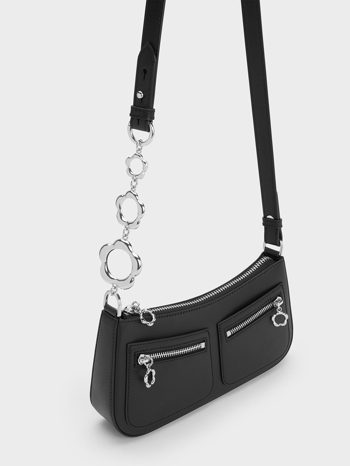 Black Flower-Embellished Shoulder Bag - CHARLES & KEITH AU
