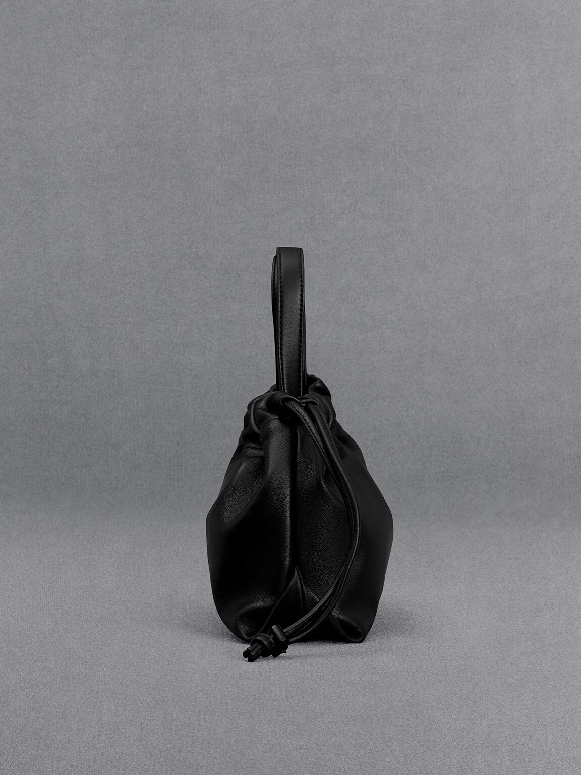 Leather Ruched Drawstring Bag - Black