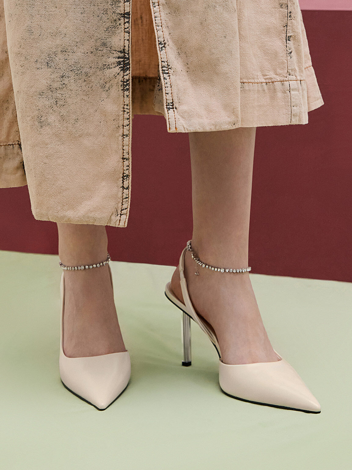 Crystal-Chain Ankle-Strap D'Orsay Pumps, Cream, hi-res