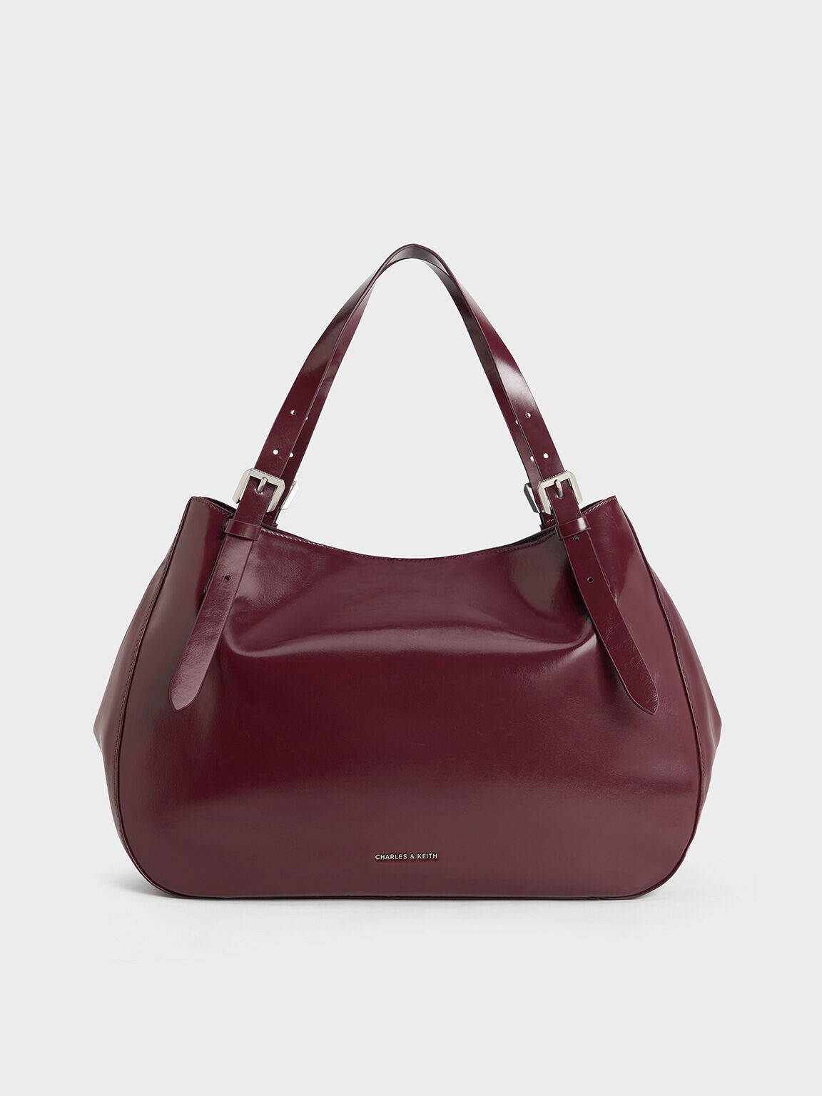 Buckle-Strap Slouchy Tote Bag, Burgundy, hi-res