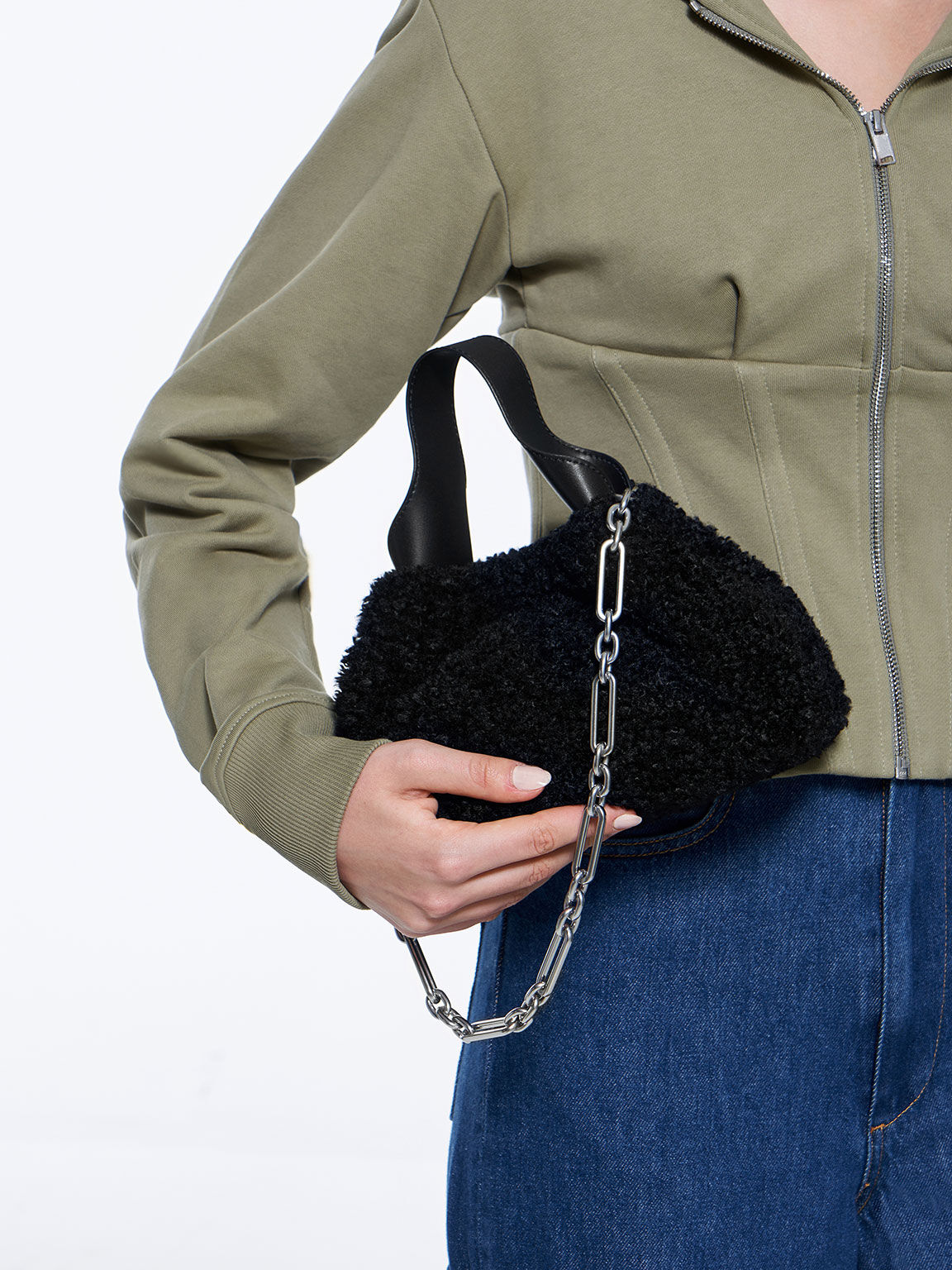 Ally Furry Slouchy Chain-Handle Bag, Noir, hi-res