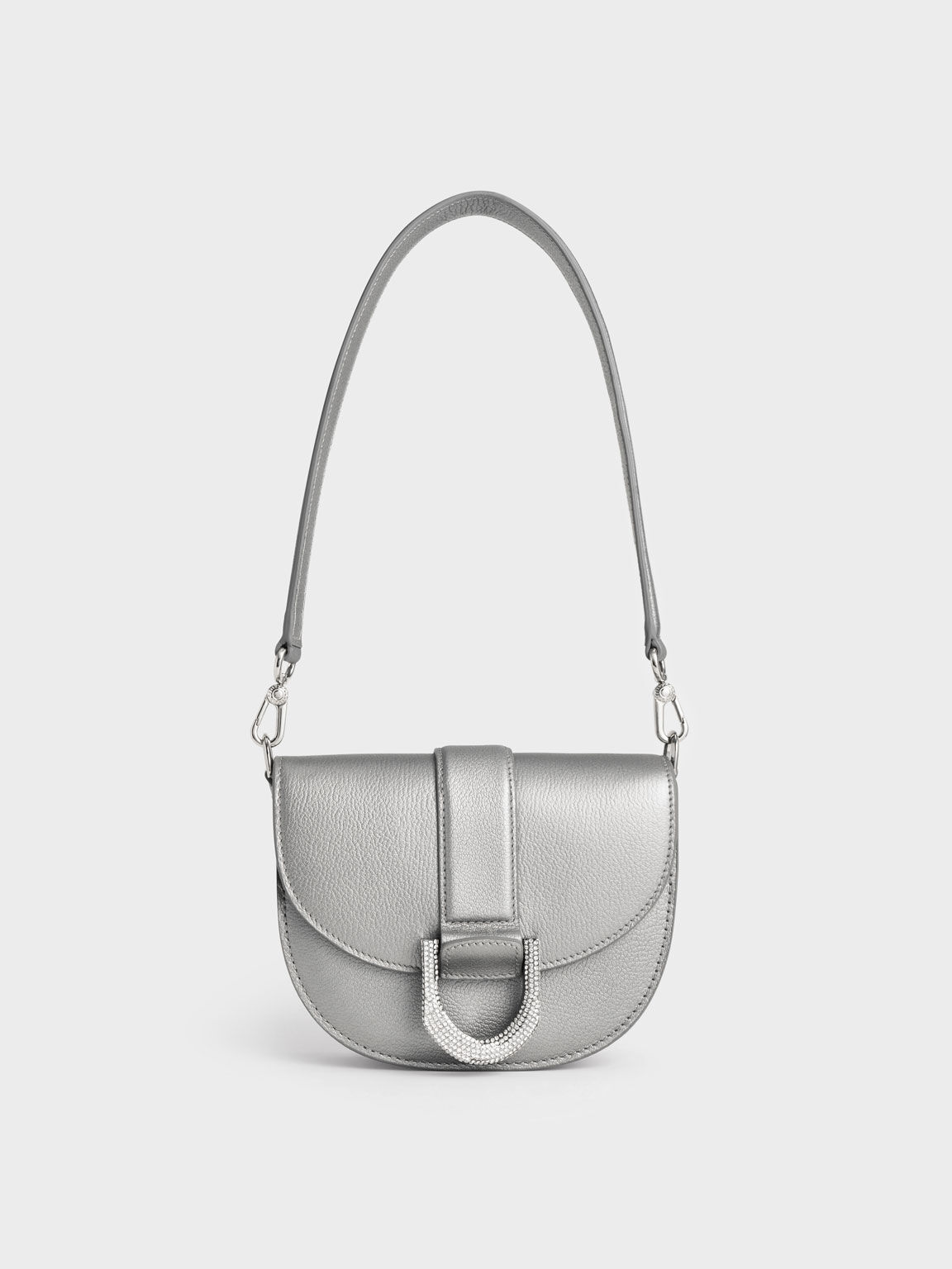 Pewter Mini Gabine Leather Saddle Bag - CHARLES & KEITH US