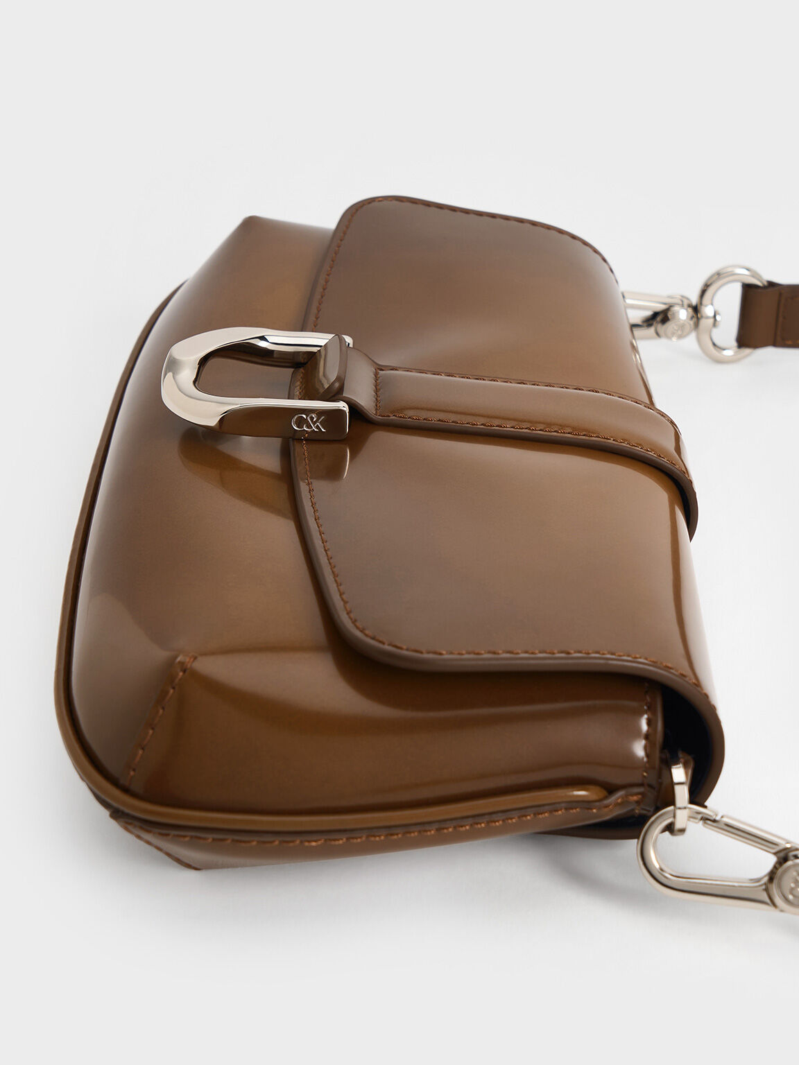 Gabine Leather Elongated Shoulder Bag, Brown, hi-res