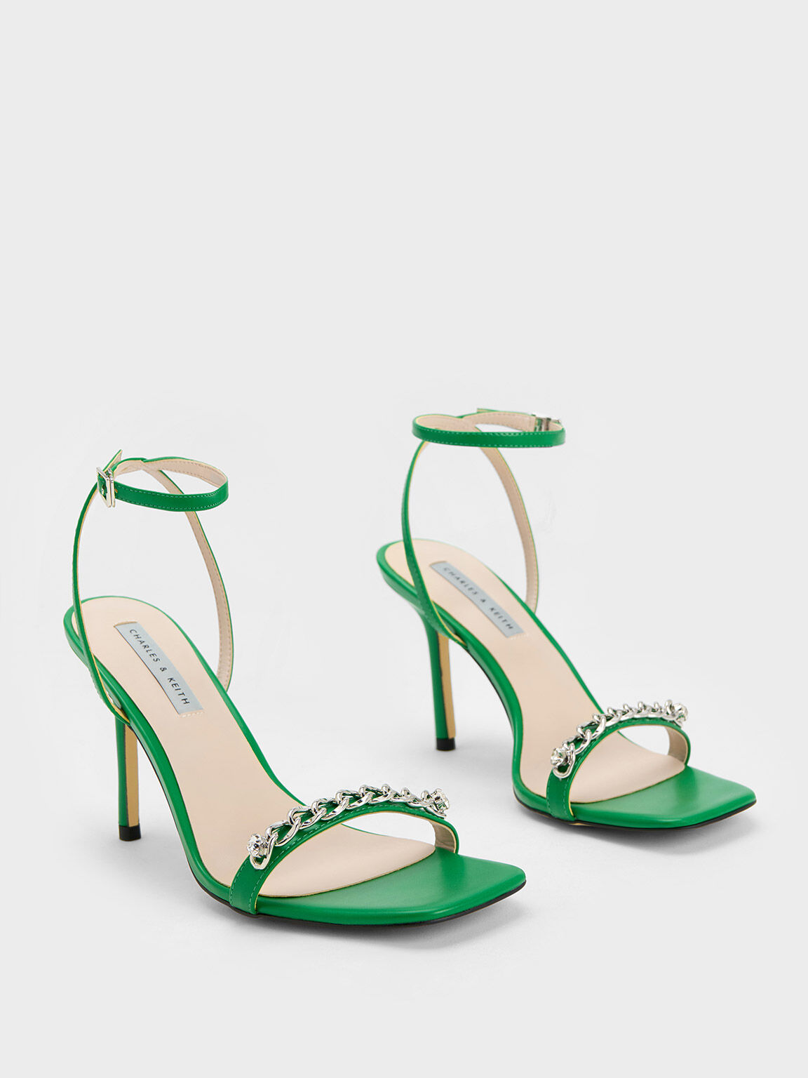 Chain-Embellished Ankle Strap Sandals - Green