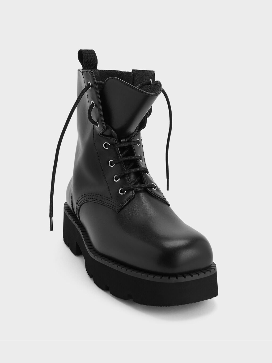 Ridged-Sole Lace-Up Combat Boots, Black, hi-res