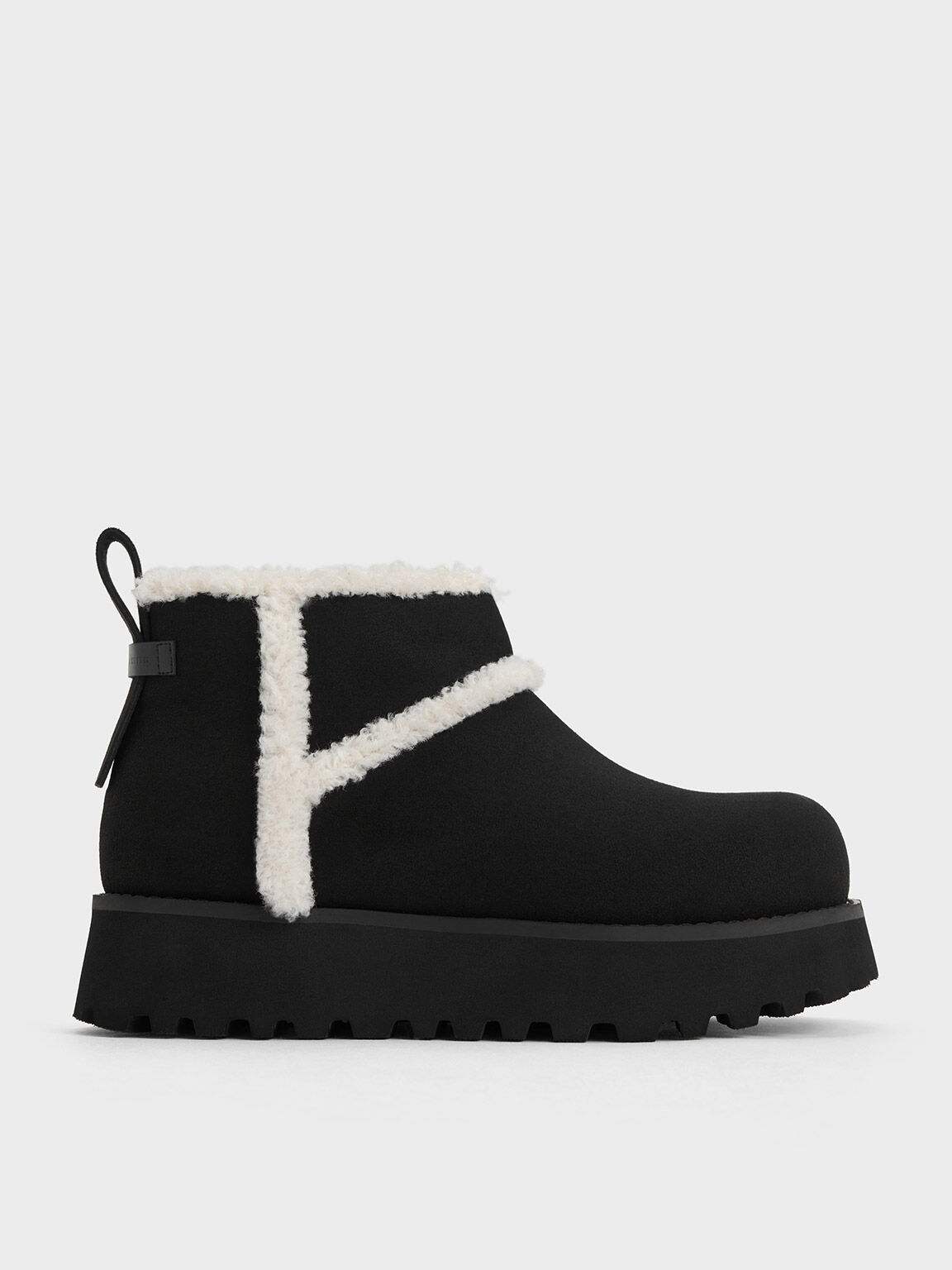 Textured Fur-Trim Flatform Ankle Boots, Black Textured, hi-res