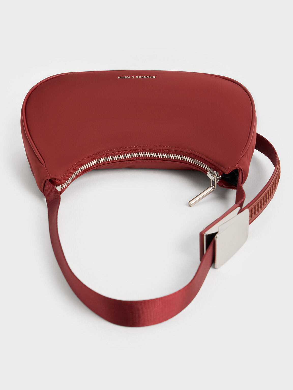 Nylon Curved Metallic-Accent Shoulder Bag, Red, hi-res