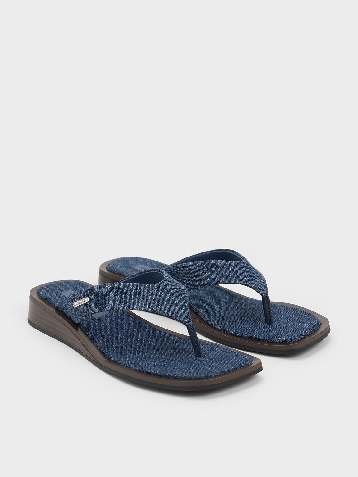 Denim V-Strap Wedge Thong Sandals, Blue, hi-res