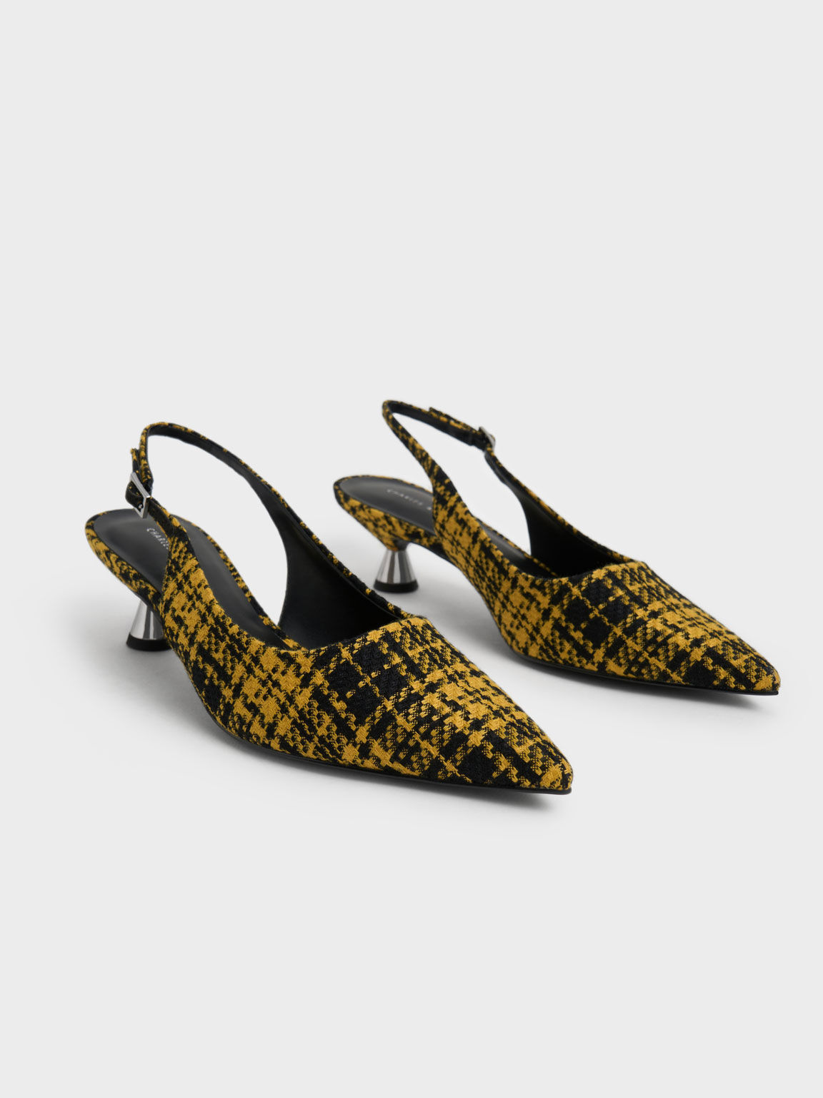 Checkered Spool Heel Slingback Pumps, Yellow, hi-res