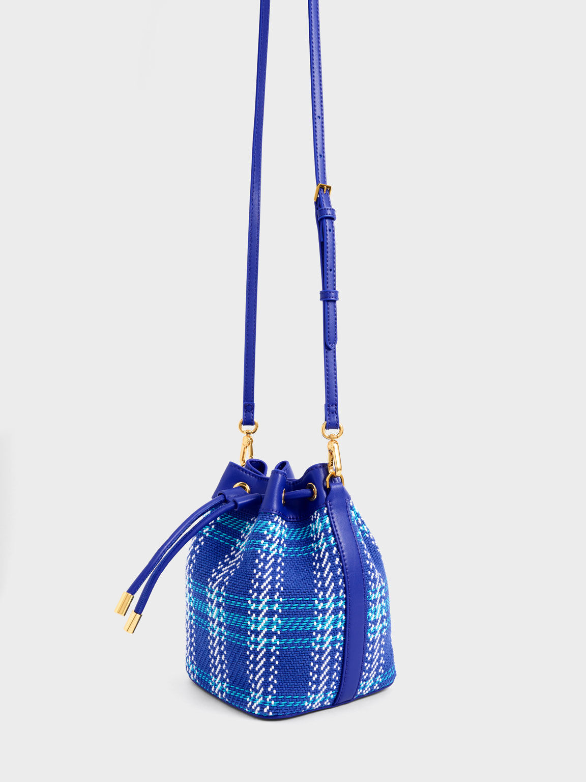 Cobalt Tweed Braided-Handle Drawstring Bucket Bag - CHARLES & KEITH US