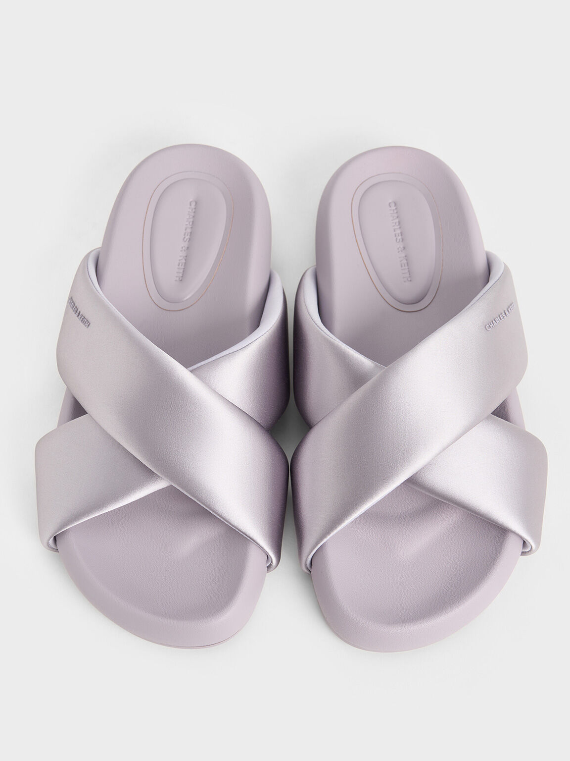 Lumi Satin Crossover-Strap Slide Sandals, Lilac, hi-res