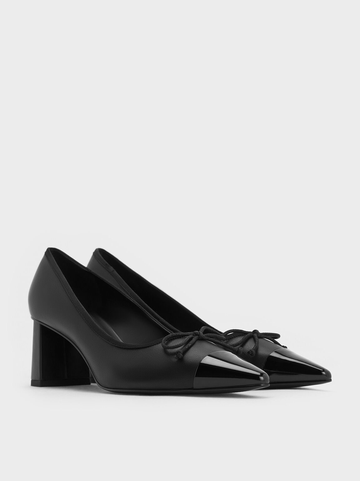 Bow Pointed Cap-Toe Pumps, Black, hi-res