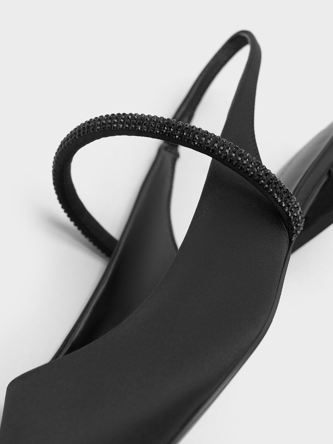 Satin Crystal-Strap Pointed-Toe Slingback Flats, Black Textured, hi-res